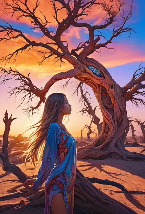 DMT Art Style of 1girl,cum in pussy,nsfw,long hair,cinematic_lighting,sidelight,<lora:huyang_XL_0_:0.7>,huyang,the dead tree in the background,sunset,, bright colors, surreal visuals, swirling patterns, DMT art style