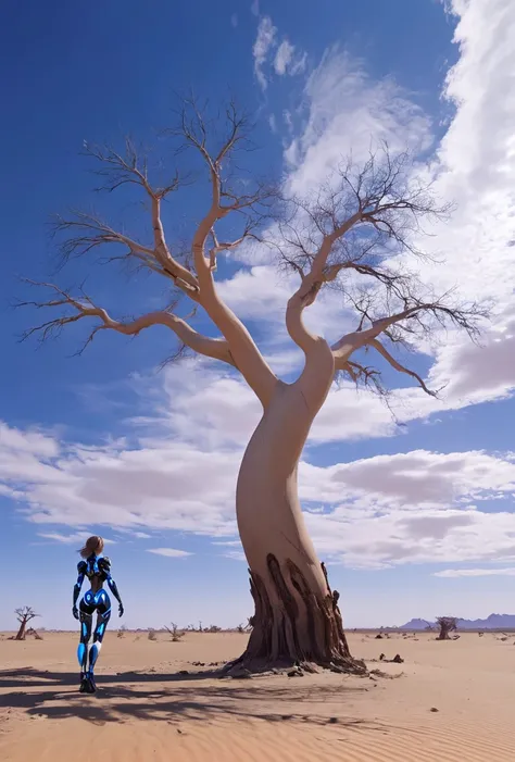 cybernetic style, 1girl,nsfw,cinematic_lighting,sidelight,<lora:huyang_XL_0_:0.6>,huyang,blue sky,huge breasts,arch tree have no leaves,on a desert,clouds all over the sky,, futuristic, technological, cybernetic enhancements, robotics, artificial intelligence themes