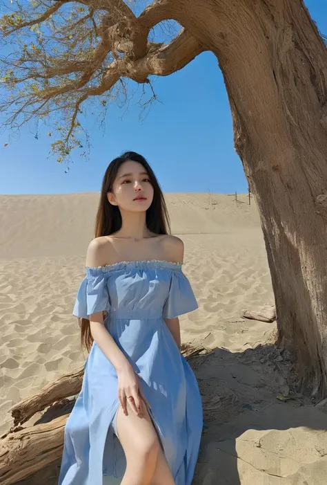 1girl,nsfw,long hair,cinematic_lighting,sidelight,<lora:huyang_XL_0_:0.8>,huyang,blue sky,the tree in the background,off-shoulder_dress,