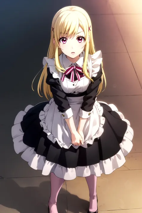 1girl, solo, full body,<lora:urara shiraishi s1-lora-nochekaiser:1> urara shiraishi, long hair, blonde hair, (pink eyes:1.3), hair clip, x hair ornament, maid outfit, (masterpiece:1.2), best quality, high resolution, unity 8k wallpaper, (illustration:0.8), perfect lighting, extremely detailed CG, (perfect anatomy)