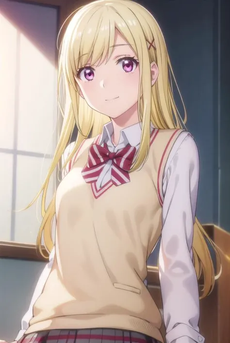 urarashiraishi, <lora:urara shiraishi s1-lora-nochekaiser:1>,
urara shiraishi, long hair, blonde hair, (pink eyes:1.3), hair clip, x hair ornament, smile,
BREAK skirt, bow, school uniform, jacket, plaid, plaid skirt, sweater vest, shirt, white shirt, collared shirt,
BREAK indoors, classroom,
BREAK looking at viewer,
BREAK <lyco:GoodHands-beta2:1>, (masterpiece:1.2), best quality, high resolution, unity 8k wallpaper, (illustration:0.8), (beautiful detailed eyes:1.6), extremely detailed face, perfect lighting, extremely detailed CG, (perfect hands, perfect anatomy),