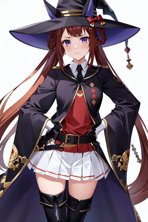 masterpiece, best quality, best aesthetic, ultra-detailed, sweep tosho \(umamusume\), witch hat, black headwear, black necktie, collared shirt, red shirt, white gloves, wide sleeves, black jacket, black robe, buckle, belt, white skirt, pleated skirt, black thighhighs, thigh boots, high heel boots, <lora:sweep_tosho_loha:0.8>
