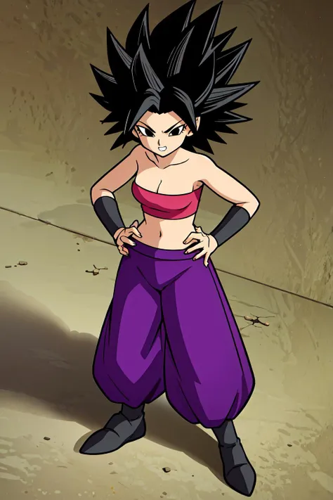 <lora:Caulifla:0.7>, masterpiece, caulifla, black hair, spiked hair, black eyes, purple pants black footwear, tube top, bracer, from above, standing,