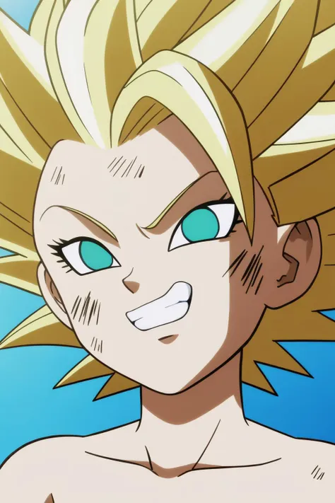 source_anime, score_9, score_8_up, score_7_up, anime screencap,
 1girl, eyeliner, solo, looking at viewer, smile, blue eyes, blonde hair, grin, aqua eyes, spiked hair, clenched teeth, portrait, close-up, no pupils, super saiyan, caulifla, from below, looking ahead, bruise on face, bruise
 <lora:caulifla_pony_v1:0.8>