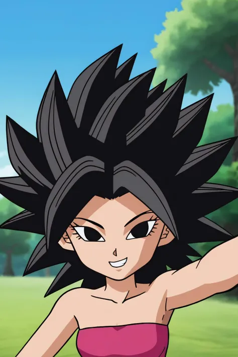 source_anime, score_9, score_8_up, score_7_up, anime screencap,
caulifla, black hair, spiked hair,  black eyes, collarbone, tube top,  looking at viewer, Forrest, slight smile, blue sky, selfie,  cute smile, grass, trees
 <lora:caulifla_pony_v1:0.8>