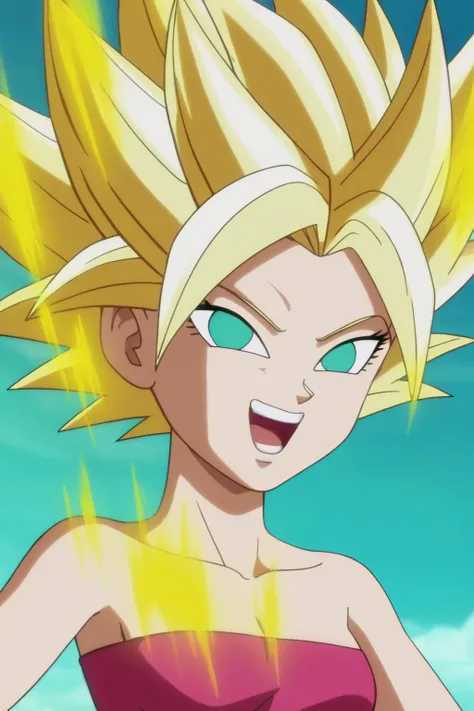 source_anime, score_9, score_8_up, score_7_up, anime screencap,
caulifla, blonde hair, spiked hair,  aqua eyes, collarbone, tube top,  looking at viewer, evil smile, smile, open mouth, teeth, blue sky, ruined city, destroyed buildings, golden aura, super saiyan, close up
 <lora:caulifla_pony_v1:0.8>