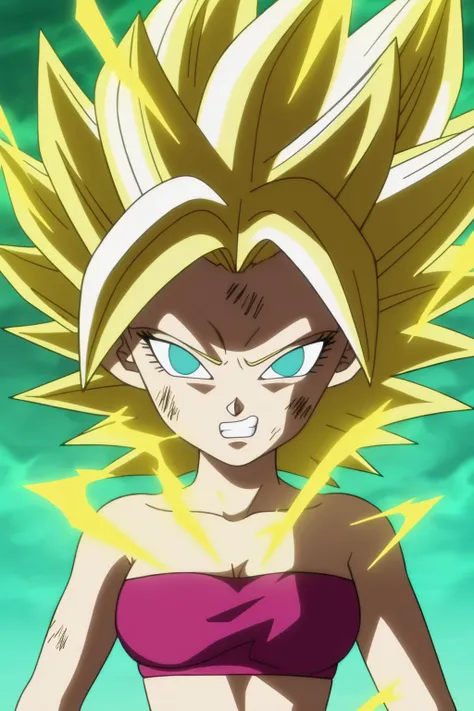 source_anime, score_9, score_8_up, score_7_up, anime screencap,
caulifla, blonde hair, spiked hair,  aqua eyes, collarbone, tube top,  looking at viewer, bruise on face, gritted teeth, blue sky, ruined city, destroyed buildings, golden aura, super saiyan, close up, electricity, no pupils
 <lora:caulifla_pony_v1:0.8>