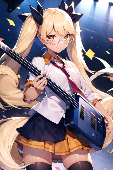 sb69retree,1girl, solo, blonde hair, (glasses:1.5),twintails,yellow eyes, very long hair,  hair ribbon, black ribbon,  dog tail,  tan, bangs,
thighhighs, skirt,blue guitar, red necktie,bridal garter, shirt, black thighhighs, pleated skirt, white shirt, holding guitar,
 smile, looking at viewer,  upper body, 
confetti,stage, stage_lights,
<lyco:sb69retree_any45_lh:1>