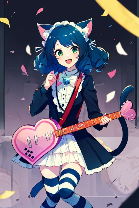 1girl, solo, sb69cyan, animal ears, cat ears, cat girl, tail, cat tail, curly hair, green eyes, blue hair, thighhighs, bell, maid headdress, striped thighhighs, dress,long sleeves,bow, audience, stage, guitar, smile, :d, confetti, <lyco:Karakter - Show by Rock - Cyan:1.0>