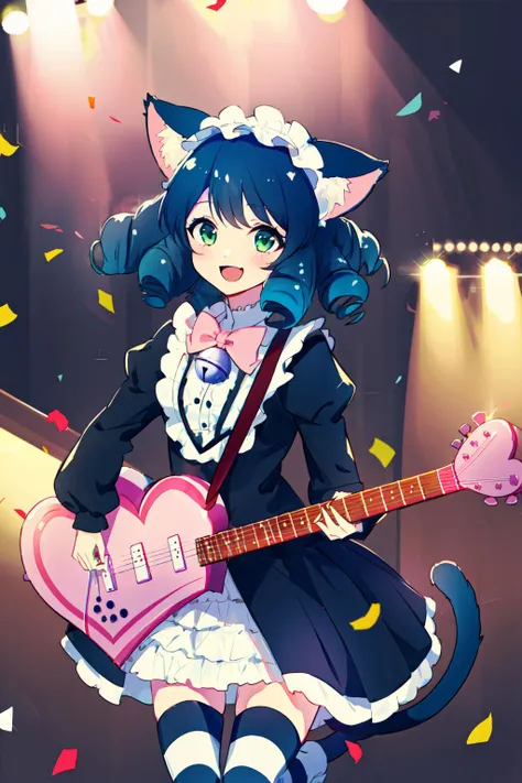 1girl, solo, sb69cyan, animal ears, cat ears, cat girl, tail, cat tail, curly hair, green eyes, blue hair, thighhighs, bell, maid headdress, striped thighhighs, dress,long sleeves,bow, audience, stage, guitar, smile, :d, confetti, <lyco:Karakter - Show by Rock - Cyan:1.0>