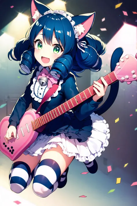 sb69cyan,1girl, solo, animal ears, cat ears, cat girl, tail, cat tail, curly hair,  green eyes, blue hair, black hair,
thighhighs, instrument, striped,  guitar,  bell, maid headdress, striped thighhighs, dress,long sleeves,bow, 
open mouth,smile,full body, looking at viewer,:d, 
confetti,stage, stage_lights, 
 <lyco:sb69cyan_any45_lh:1.0>