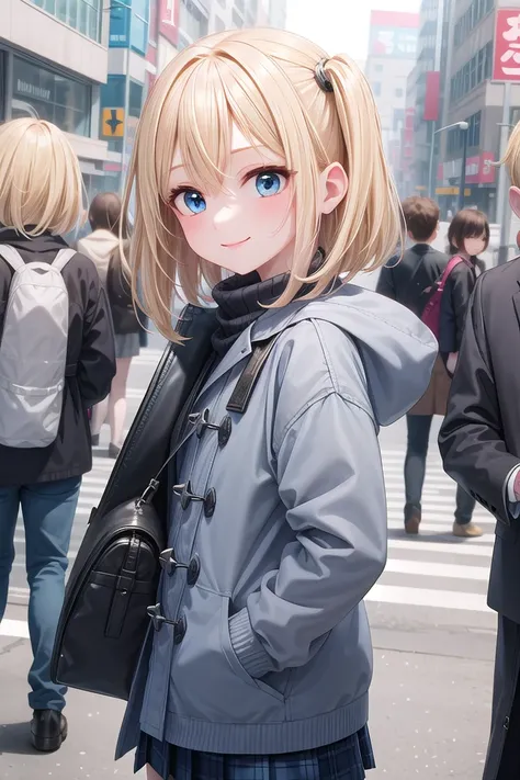 insanely detailed, absurdres, ultra-highres, ultra-detailed, best quality,
1girl, solo, nice hands, perfect hands
BREAK
duffle coat, (turtle neck sweater:1.2), Pleated skirt
BREAK
happy smile, laugh, closed mouth, standing,
(hands on own chest, arms up:-1.5), standing, cowboy shot
BREAK
slender, kawaii, perfect symmetrical face, ultra cute girl, ultra cute face, ultra detailed eyes, ultra detailed hair, ultra cute, ultra beautiful
BREAK
shibuya, akihabara, tokyo, street, crowd, cityscape
BREAK
(blonde medium hair, blue eyes), hair between eyes