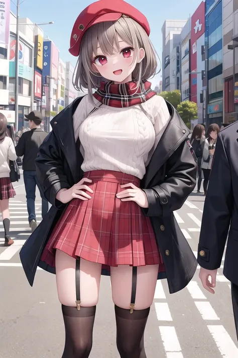 insanely detailed, absurdres, ultra-highres, ultra-detailed, best quality,
1girl, solo, nice hands, perfect hands,
BREAK
white boots,( pele hat:1.2), thermal layers, (red Plaid skirt:1.1), sweater,garter ring,
BREAK Scarf,black coat with golden embroidery,coat with open front button,(black knee-high socks:1.3)
BREAK
happy smile, laugh, open mouth, standing,
(45 angle:-1.5), (from side:-1.5),
cute pose, cowboy shot,
BREAK
slender, kawaii, perfect symmetrical face, ultra cute girl, ultra cute face, ultra detailed eyes, ultra detailed hair, ultra cute, ultra beautiful,
BREAK
in harajuku, shibuya, tokyo, street, crowd, cityscape,
BREAK
medium large breasts,
(grey hair, red eyes),