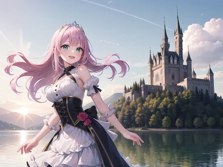 insanely detailed, absurdres, ultra-highres, ultra-detailed, best quality,
1girl, solo, nice hands, perfect hands
BREAK
princess, wearing princess costume, princess dress with many frills, (tiara:1.3) on hair, (nsfw:-1.5)
BREAK
happy smile, laugh, open mouth, standing
BREAK
from side, cowboy shot, (looking at viewer:1.2)
BREAK
slender, kawaii, perfect symmetrical face, ultra cute girl, ultra cute face, ultra detailed eyes, ultra detailed hair, ultra cute, ultra beautiful
BREAK
fantasy world, (castle in background, lake:1.3), (very wide, panorama view, sense of depth, magnificent view:1.3)
BREAK
princess girl, pink hair, green eyes, medium large breasts