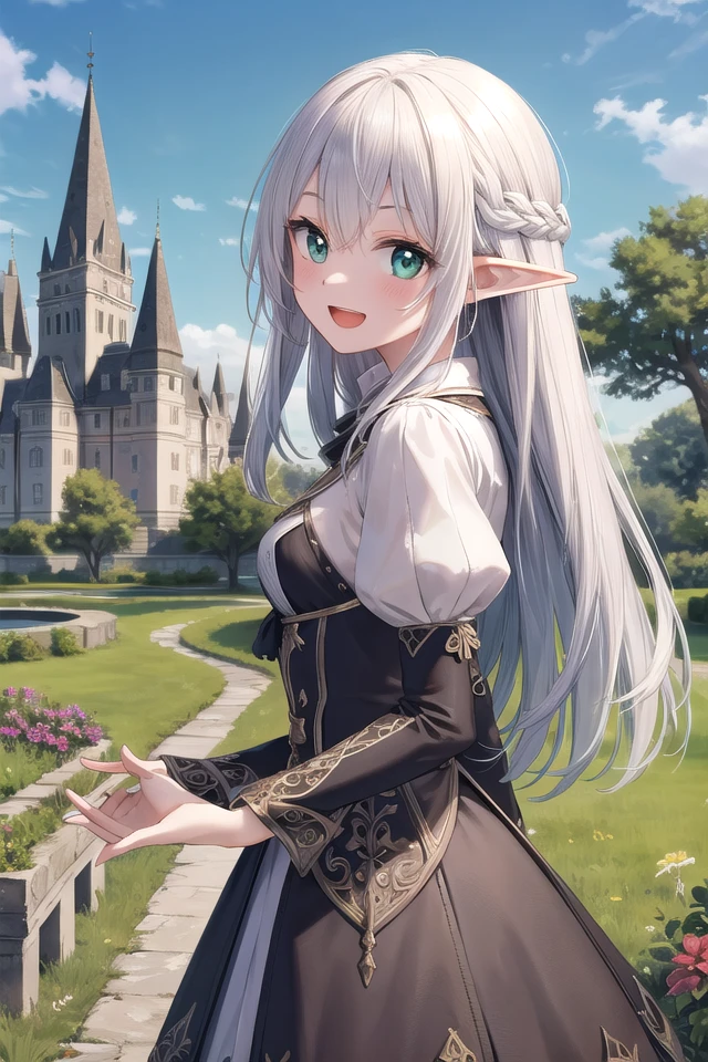 insanely detailed, absurdres, ultra-highres, ultra-detailed, best quality,
1girl, solo, nice hands, perfect hands
BREAK
elf girl, (sorcerer outfit), (nsfw:-1.5), (navel:-1)
BREAK
happy smile, laugh, open mouth
BREAK
from side,
standing, cowboy shot, looking at viewer
BREAK
slender, kawaii, perfect symmetrical face, ultra cute girl, ultra cute face, ultra detailed eyes, ultra detailed hair, ultra cute, ultra beautiful
BREAK
fantasy world, garden of castle, depth of field, ultra detailed background
BREAK
small breasts,
BREAK
silver hair, elf ear, green eyes