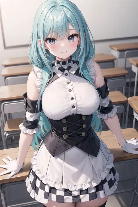 insanely detailed, absurdres, ultra-highres, ultra-detailed, best quality,
1girl, solo, nice hands, perfect hands
BREAK
(a checkered clothes:2.0), (a checkered idol clothes:1.6), (short frill sleeve:1.3), (layered skirt,multilayer-skirt:1.6), (white thigh-high socks:1.4), (white choker,white glove with frill:1.3)
BREAK
happy smile, laugh, closed mouth
BREAK
(45 angle:-1.5), (from side:-1.5),
standing, cowboy shot, looking at viewer
BREAK
slender, kawaii, perfect symmetrical face, ultra cute girl, ultra cute face, ultra detailed eyes, ultra detailed hair, ultra cute, ultra beautiful
BREAK
in classroom, school desk, school chair, chalkboard, depth of field, ultra detailed background
BREAK
medium breasts
BREAK
turquoise blue hair, black eyes, cornrows,