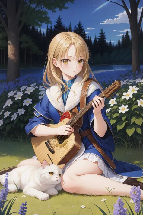 1girl, (by Craig Thompson:1.2) and (Michael Garmash:0.7) and (Mikhail Nesterov:1.1) and (Aleksandr Deyneka:0.8) , grand pen drawing of an intricate details, Flowing Quaint ([Persian Cat|Edward Elric]:1.3) , plain Disruptive background, dark indigo grass with Sycamore, at Blue hour, deep focus, Fine art, Fairy-Tale, Princecore, Nostalgic lighting, 800mm lens, Desaturated, Encaustic Paint, Diorama, extremely beautiful, award winning
