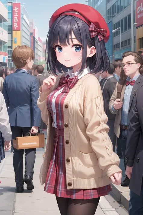 insanely detailed, absurdres, ultra-highres, ultra-detailed, best quality,
1girl, solo, nice hands, perfect hands
BREAK
(vintage-inspired beret with flower pin:1.3), (navy and red plaid dress:1.5), (golden buttons down the front:1.2), (ivory blouse with ruffle detailing and red bow tie:1.4), (peach cardigan with cable knit pattern:1.3), (black tights:1.1), (red Mary Jane shoes:1.2)
BREAK
happy smile, laugh, closed mouth, standing,
from side, standing, cowboy shot
BREAK
slender, kawaii, perfect symmetrical face, ultra cute girl, ultra cute face, ultra detailed eyes, ultra detailed hair, ultra cute, ultra beautiful
BREAK
shibuya, akihabara, tokyo, street, crowd, cityscape
BREAK
medium breasts,
(turquoise blue medium hair, black eyes), hime cut