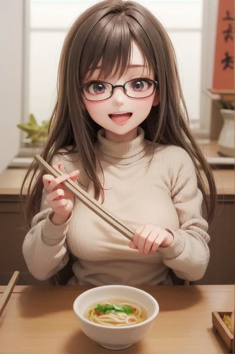 masterpiece, best quality,
1girl, solo, glasses, black hair, long hair, white ribbed sweater, happy, smile, looking at viewer, open mouth, solo focus, sitting, across table, 
kitsuneudon, food, realistic, bowl, noodles, food focus, still life, chopsticks, spring onion, soup, steam, blurry
 <lora:kitsuneudon_SD15_V1:1>