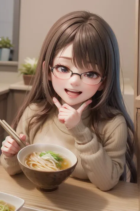 masterpiece, best quality,
1girl, solo, glasses, black hair, long hair, white ribbed sweater, happy, smile, looking at viewer, open mouth, solo focus, sitting, across table, 
kitsuneudon, food, realistic, bowl, noodles, food focus, still life, chopsticks, spring onion, soup, steam, blurry
 <lora:kitsuneudon_SD15_V1:1>
