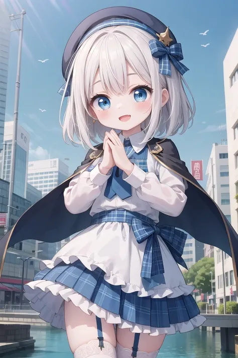 (cleavage:-1.5), insanely detailed, absurdres, ultra-highres, ultra-detailed, best quality,
1girl, solo, nice hands, perfect hands,
BREAK
(gothic drress, Idol costume:1.3), (blue and white theme:1.2), (white blouse:1.4), (white collar, tie:1.3), (open short-cape:1.3), (short sleeve:1.2), (blue tartan-check pattern (ruffle-skirt, multilayer-skirt):1.4), (white basque-beret with ribbon:1.3), (Fishnet stockings:1.3), (glove:1.2), (cleavage:-1.5)
BREAK
happy smile, laugh, open mouth,
standing,own hands together,
cowboy shot,
BREAK
slender, kawaii, perfect symmetrical face, ultra cute girl, ultra cute face, ultra detailed eyes, ultra detailed hair, ultra cute, ultra beautiful,
BREAK
cityscape in tokyo, ultra detailed background, blue sky, bay side, panorama view,
medium breasts, white hair, blue eyes