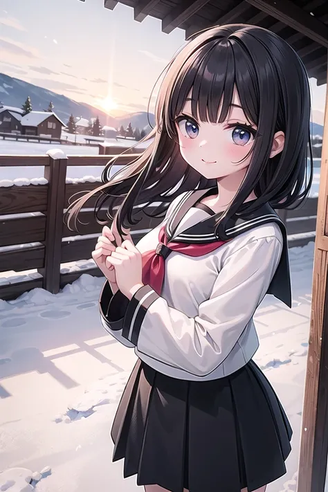 insanely detailed, absurdres, ultra-highres, ultra-detailed, best quality,
1girl, solo, nice hands, perfect hands
BREAK
winter serafuku
BREAK
happy smile, laugh, closed mouth
BREAK
standing, cowboy shot, looking at viewer
BREAK
slender, kawaii, perfect symmetrical face, ultra cute girl, ultra cute face, ultra detailed eyes, ultra detailed hair, ultra cute, ultra beautiful
BREAK
high contrast, bokeh, nostalgia, faded film, vintage, grain effect, vignette effect, japanese countryside, winter, sunset, heavy snow, depth of field, ultra detailed background, (very wide, panorama view, sense of depth, magnificent view:1.3)
BREAK
black hair, black eyes