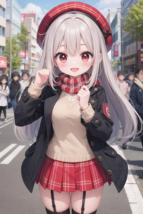 insanely detailed, absurdres, ultra-highres, ultra-detailed, best quality,
1girl, solo, nice hands, perfect hands,
BREAK
white boots,( pele hat:1.2), thermal layers, (red Plaid skirt:1.1), sweater,garter ring,
BREAK Scarf,black coat with golden embroidery,coat with open front button,(black knee-high socks:1.3)
BREAK
happy smile, laugh, open mouth, standing,
(45 angle:-1.5), (from side:-1.5),
cute pose, cowboy shot,
BREAK
slender, kawaii, perfect symmetrical face, ultra cute girl, ultra cute face, ultra detailed eyes, ultra detailed hair, ultra cute, ultra beautiful,
BREAK
in harajuku, shibuya, tokyo, street, crowd, cityscape,
BREAK
medium large breasts,
(grey hair, red eyes),