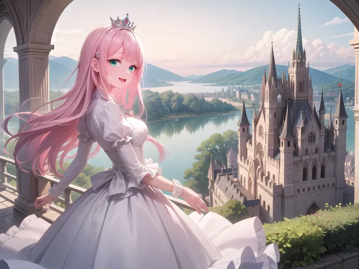 insanely detailed, absurdres, ultra-highres, ultra-detailed, best quality,
1girl, solo, nice hands, perfect hands,
BREAK,
(wearing princess dress), teara,
happy smile, laugh, open mouth,
standing,
from side, cowboy shot, looking at viewer,
BREAK,
slender, kawaii, perfect symmetrical face, ultra cute girl, ultra cute face, ultra detailed eyes, ultra detailed hair, ultra cute, ultra beautiful,
BREAK,
fantasy world, (castle in background, lake:1.3), (very wide, panorama view, sense of depth, magnificent view:1.3)
BREAK,
princess girl, pink hair, green eyes, medium breasts