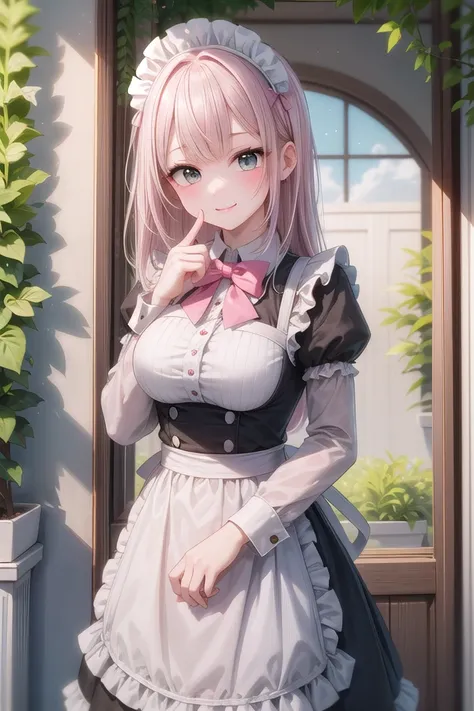 insanely detailed, absurdres, ultra-highres, ultra-detailed, best quality,
1girl, solo, nice hands, perfect hands,
BREAK
apron, blush, bow, bowtie, frilled apron, frills, long sleeves, maid, maid apron, maid headdress, waist apron, white apron
BREAK
smile, closed mouth
BREAK
finger to mouth, index finger raised, shushing, cowboy shot, looking at viewer,
BREAK
slender, kawaii, perfect symmetrical face, ultra cute girl, ultra cute face, ultra detailed eyes, ultra detailed hair, ultra cute, ultra beautiful,
BREAK
day, flower, ivy, leaf, indoors, open door, plant, potted plant, vines, window,
BREAK
white (pink:1.2) hair, green eyes, long hair, medium breasts, bangs, eyebrows visible through hair,