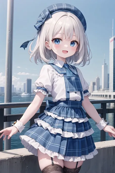 (cleavage:-1.5), insanely detailed, absurdres, ultra-highres, ultra-detailed, best quality,
1girl, solo, nice hands, perfect hands,
BREAK
(gothic drress, Idol costume:1.3), (blue and white theme:1.2), (white blouse:1.4), (white collar, tie:1.3), (open short-cape:1.3), (short sleeve:1.2), (blue tartan-check pattern (ruffle-skirt, multilayer-skirt):1.4), (white basque-beret with ribbon:1.3), (Fishnet stockings:1.3), (glove:1.2), (cleavage:-1.5)
BREAK
happy smile, laugh, open mouth,
standing,own hands together,
cowboy shot,
BREAK
slender, kawaii, perfect symmetrical face, ultra cute girl, ultra cute face, ultra detailed eyes, ultra detailed hair, ultra cute, ultra beautiful,
BREAK
cityscape in tokyo, ultra detailed background, blue sky, bay side, panorama view,
medium breasts, white hair, blue eyes