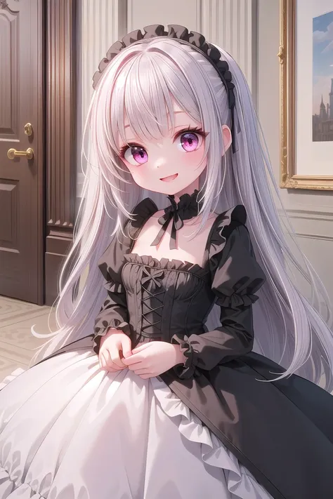 ((masterpiece:1.4, best quality)), ((masterpiece, best quality)),
one girl, cute girl, silver hair, long hair, pink eyes, smile, black gothic dress, white frill, hair dress,
indoors, castle, gothic, cute pose