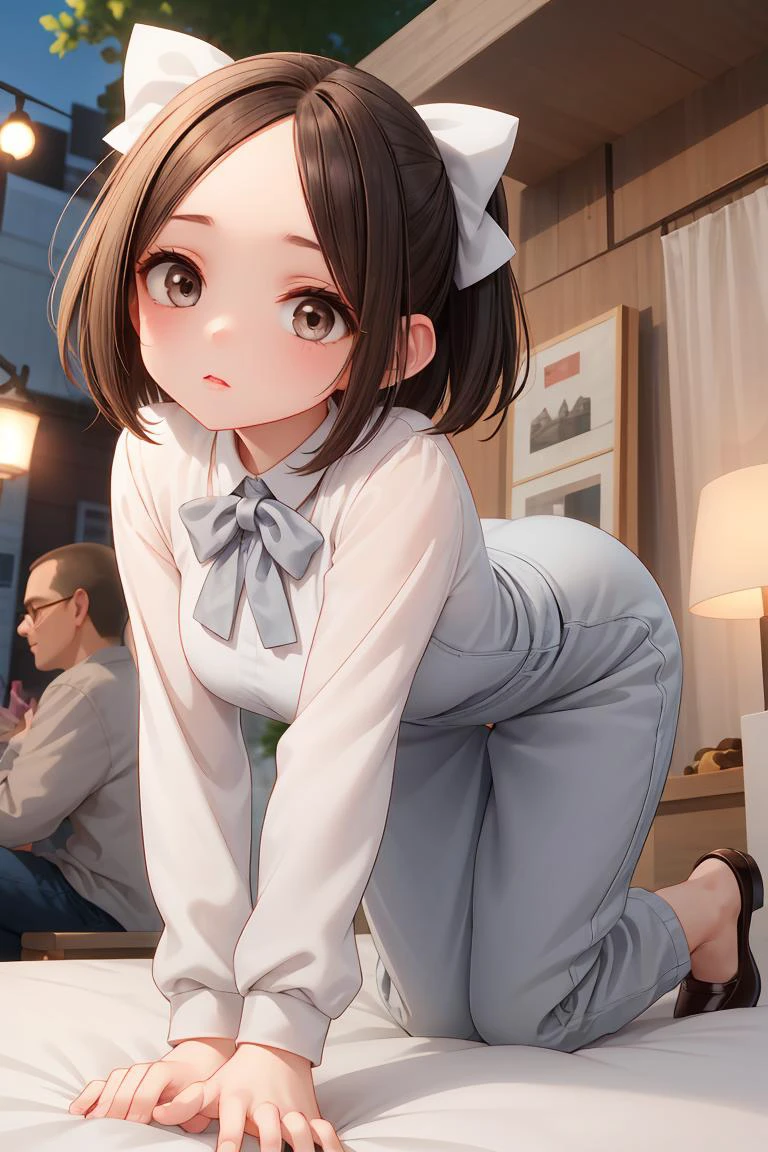 (masterpiece, best quality), female late twenties, taut, inuit, gray eyes, protruding ears, round nose, receding forehead, dimples, brunette blunt cut hair, hope wearing wide-leg jumpsuit, low-cut blouse, oxford shoes, hair bow,, arching back on all fours, arching the back while on all fours, creating a provocative and enticing pose, soft lighting, gentle, diffused light that wraps the characters in a warm and dreamy glow, a lively neighborhood block party, with music, food, and a sense of community