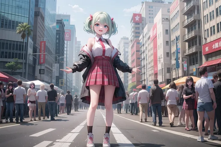 insanely detailed, absurdres, ultra-highres, ultra-detailed, best quality,
1girl, solo, nice hands, perfect hands, small
BREAK
(lanky,gothic dress,nylon clothes,denim dress,saddle jacket,red tartan-check pleated skirt,frilled legwear,sneakers:1.2), (thigh high:-1)
BREAK
happy smile, laugh, open mouth, standing,
(45 angle:-1.5), (from side:-1.5),
cute pose, full body view
BREAK
slender, kawaii, perfect symmetrical face, ultra cute girl, ultra cute face, ultra detailed eyes, ultra detailed hair, ultra cute, ultra beautiful
BREAK
(very wide, panorama view, sense of depth, magnificent view:1.3), tokyo, street, crowd, cityscape
BREAK
medium breasts,
(turquoise blue medium hair, black eyes), hime cut