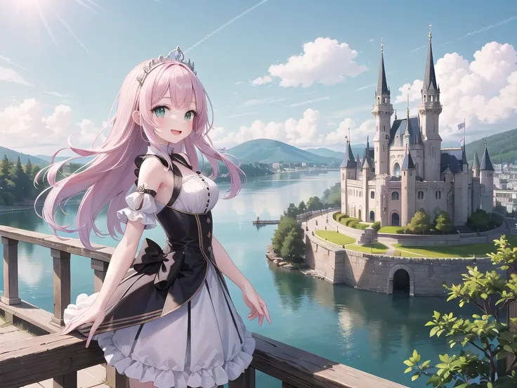 insanely detailed, absurdres, ultra-highres, ultra-detailed, best quality,
1girl, solo, nice hands, perfect hands
BREAK
princess, wearing princess costume, princess dress with many frills, (tiara:1.3) on hair, (nsfw:-1.5)
BREAK
happy smile, laugh, open mouth, standing
BREAK
from side, cowboy shot, (looking at viewer:1.2)
BREAK
slender, kawaii, perfect symmetrical face, ultra cute girl, ultra cute face, ultra detailed eyes, ultra detailed hair, ultra cute, ultra beautiful
BREAK
fantasy world, (castle in background, lake:1.3), (very wide, panorama view, sense of depth, magnificent view:1.3)
BREAK
princess girl, pink hair, green eyes, medium large breasts