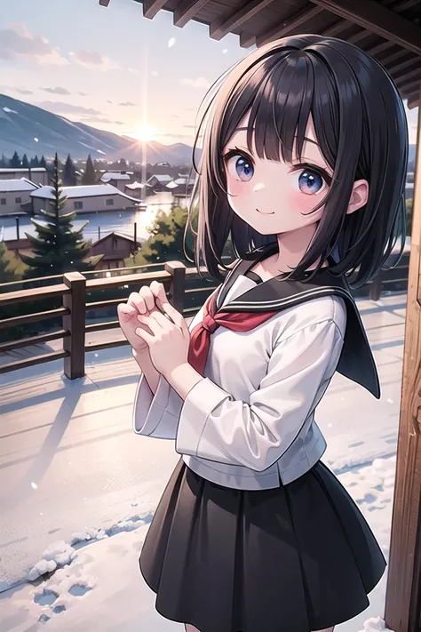 insanely detailed, absurdres, ultra-highres, ultra-detailed, best quality,
1girl, solo, nice hands, perfect hands
BREAK
winter serafuku
BREAK
happy smile, laugh, closed mouth
BREAK
standing, cowboy shot, looking at viewer
BREAK
slender, kawaii, perfect symmetrical face, ultra cute girl, ultra cute face, ultra detailed eyes, ultra detailed hair, ultra cute, ultra beautiful
BREAK
high contrast, bokeh, nostalgia, faded film, vintage, grain effect, vignette effect, japanese countryside, winter, sunset, heavy snow, depth of field, ultra detailed background, (very wide, panorama view, sense of depth, magnificent view:1.3)
BREAK
black hair, black eyes