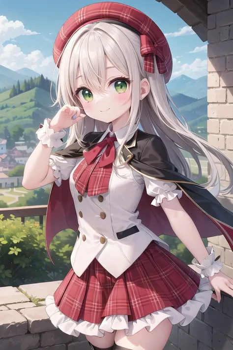 insanely detailed, absurdres, ultra-highres, ultra-detailed, best quality,
1girl, solo, nice hands, perfect hands
BREAK
(nsfw:-1.5),
(gothic drress, Idol costume:1.3), (red and white theme:1.2), (white blouse:1.4), (white collar, tie:1.3), (open short-cape:1.3), (short sleeve:1.2), (red tartan-check pattern (ruffle-skirt, multilayer-skirt):1.4), (white basque-beret with ribbon:1.3), (Fishnet stockings:1.3), (glove:1.2), (cleavage:-1.5)
BREAK
happy smile, laugh, closed mouth,
from below,
cute pose, cowboy shot, looking at viewer
BREAK
slender, kawaii, perfect symmetrical face, ultra cute girl, ultra cute face, ultra detailed eyes, ultra detailed hair, ultra cute, ultra beautiful
BREAK
on hilltop, mountainscape, mountain,
depth of field, ultra detailed background,
(very wide, panorama view, sense of depth, magnificent view:1.3)
BREAK
medium large breasts
BREAK
(orange hair, green eyes), long hair, hair between eyes