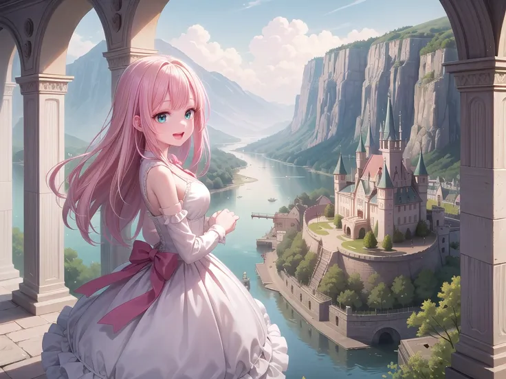 insanely detailed, absurdres, ultra-highres, ultra-detailed, best quality,
1girl, solo, nice hands, perfect hands,
BREAK,
(wearing princess dress), teara,
happy smile, laugh, open mouth,
standing,
from side, cowboy shot, looking at viewer,
BREAK,
slender, kawaii, perfect symmetrical face, ultra cute girl, ultra cute face, ultra detailed eyes, ultra detailed hair, ultra cute, ultra beautiful,
BREAK,
fantasy world, (castle in background, lake:1.3), (very wide, panorama view, sense of depth, magnificent view:1.3)
BREAK,
princess girl, pink hair, green eyes, medium breasts
