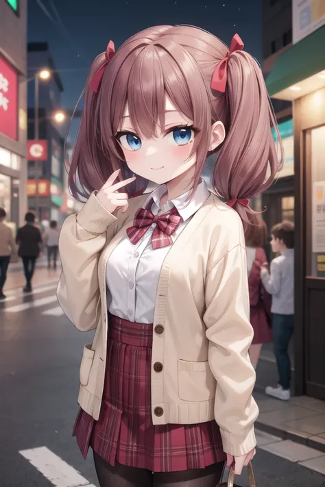 insanely detailed, absurdres, ultra-highres, ultra-detailed, best quality,
1girl, solo, nice hands, perfect hands
BREAK
(School Uniforms:1.2), (pink cardigan is fit body:1.4), ((do up a buttons, not loose):1.5), ((long sleeve, sleeves past wrists):1.2), (inner wear is white collared-shirt:1.3), (red plaid-pattern bow:1.3), (red plaid-pattern pleated skirt:1.3), ((dark-brown pantyhose, loafers):1.2)
BREAK
(nsfw:-1.5)
BREAK
happy smile, laugh, closed mouth
BREAK
,
standing, cowboy shot, looking at viewer
BREAK
slender, kawaii, perfect symmetrical face, ultra cute girl, ultra cute face, ultra detailed eyes, ultra detailed hair, ultra cute, ultra beautiful
BREAK
in street, cityscape in harajuku, depth of field, ultra detailed background
BREAK
medium large breasts
BREAK
hime cut, (low twintails:1.3), messy hair, medium hair, (red brown hair, dark blue eyes:1.3)
<lora:eyecolle_torenia_v100:0.5> <lora:eyecolle_nadeshiko_v100:0.5>