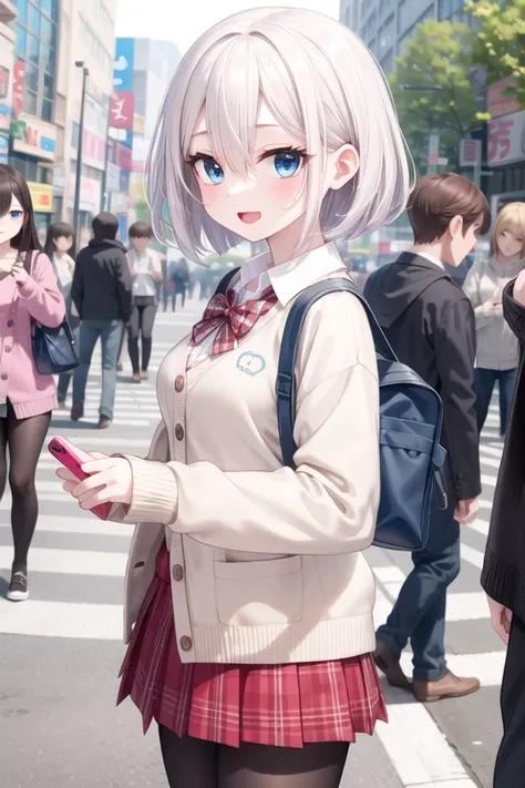 insanely detailed, absurdres, ultra-highres, ultra-detailed, best quality,
1girl, solo, nice hands, perfect hands
BREAK
(School Uniforms:1.2), (pink cardigan is fit body:1.4), ((do up a buttons, not loose):1.5), ((long sleeve, sleeves past wrists):1.2), (inner wear is white collared-shirt:1.3), (red plaid-pattern bow:1.3), (red plaid-pattern pleated skirt:1.3), ((dark-brown pantyhose, loafers):1.2)
BREAK
(nsfw:-1.5)
BREAK
happy smile, laugh, open mouth
BREAK
from side,
standing, cowboy shot, looking at viewer
BREAK
slender, kawaii, perfect symmetrical face, ultra cute girl, ultra cute face, ultra detailed eyes, ultra detailed hair, ultra cute, ultra beautiful
BREAK
shibuya, akihabara, tokyo, street, crowd, cityscape, depth of field, ultra detailed background
BREAK
medium breasts
BREAK
grey hair, blue eyes, bob with bangs, hair between eyes