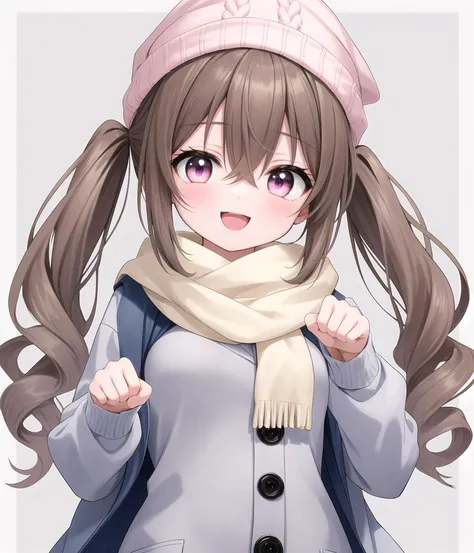 insanely detailed, absurdres, ultra-highres, ultra-detailed, best quality
BREAK
slender, kawaii, ultra cute girl, ultra cute face, ultra detailed eyes, ultra detailed hair, ultra cute, ultra beautiful
BREAK
1girl,
pink eyes, small breasts, breasts, twintails, grey hair, white coat, grey background, sidelocks, pom pom (clothes), beanie, sleeves past fingers, simple background, grey sweater, scarf, white scarf, coat, upper body, very long hair, brown hair, grey headwear, sweater, open mouth, smile, :d, long hair, blush, solo, hair between eyes, white border, looking at viewer, hair rings, sleeves past wrists, hat,paw pose
masterpiece, newest, absurdres, safe