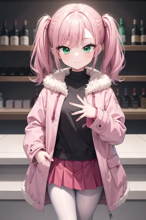 insanely detailed, absurdres, ultra-highres, ultra-detailed, best quality,
1girl, solo, nice hands, perfect hands
BREAK
(pink and white theme:1.4), (Wearing a (long sleeve pink coat with fur color) over a white high neck blouse:1.4), (fur cuffs:1.3), (double pillar button:1.3), (pocketless:1.4), (plain ivory-white pantyhose:1.4), (pink heeled boots with lace-up:1.2)
BREAK
(wine-red pleated skirt:1.3)
BREAK
(nsfw:-1.5)
BREAK
happy smile, laugh, closed mouth
BREAK
(45 angle:-1.5), (from side:-1.5),
standing, cowboy shot, looking at viewer
BREAK
slender, kawaii, perfect symmetrical face, ultra cute girl, ultra cute face, ultra detailed eyes, ultra detailed hair, ultra cute, ultra beautiful
BREAK
in school ground, depth of field, ultra detailed background
BREAK
medium large breasts
BREAK
hime cut, (twintails:1.3), messy hair, medium hair, (red brown hair, emerald green eyes:1.3)
<lora:eyecolle_marigold_v100:0.5> <lora:eyecolle_artemisia_v100:0.5>
