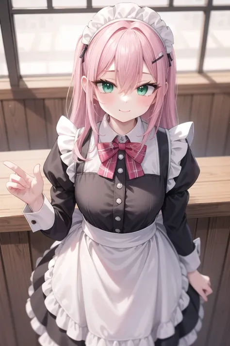 insanely detailed, absurdres, ultra-highres, ultra-detailed, best quality,
1girl, solo, nice hands, perfect hands
BREAK
(cleavage:-1.5),
(classical maid:1.2),
apron, blush, bow, bowtie, frilled apron, frills, long sleeves, maid, maid apron, maid headdress, waist apron, white apron,
(maid costume, maid hair dress:1.3), long skirt
BREAK
happy smile, laugh, closed mouth
BREAK
from above,
standing, cowboy shot, looking at viewer
BREAK
slender, kawaii, perfect symmetrical face, ultra cute girl, ultra cute face, ultra detailed eyes, ultra detailed hair, ultra cute, ultra beautiful
BREAK
in coffee shop, indoors, depth of field, ultra detailed background
BREAK
medium breasts
BREAK
(pink hair, dark green eyes), long hair, hair between eyes