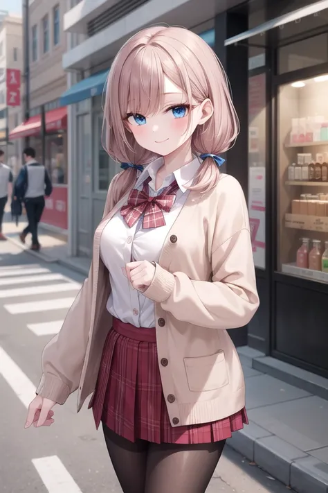 insanely detailed, absurdres, ultra-highres, ultra-detailed, best quality,
1girl, solo, nice hands, perfect hands
BREAK
(School Uniforms:1.2), (pink cardigan is fit body:1.4), ((do up a buttons, not loose):1.5), ((long sleeve, sleeves past wrists):1.2), (inner wear is white collared-shirt:1.3), (red plaid-pattern bow:1.3), (red plaid-pattern pleated skirt:1.3), ((dark-brown pantyhose, loafers):1.2)
BREAK
(nsfw:-1.5)
BREAK
happy smile, laugh, closed mouth
BREAK
,
standing, cowboy shot, looking at viewer
BREAK
slender, kawaii, perfect symmetrical face, ultra cute girl, ultra cute face, ultra detailed eyes, ultra detailed hair, ultra cute, ultra beautiful
BREAK
in street, cityscape in harajuku, depth of field, ultra detailed background
BREAK
medium large breasts
BREAK
hime cut, (low twintails:1.3), messy hair, medium hair, (red brown hair, dark blue eyes:1.3)
<lora:eyecolle_torenia_v100:0.5> <lora:eyecolle_nadeshiko_v100:0.5>