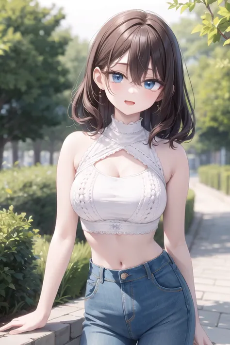 insanely detailed, absurdres, ultra-highres, ultra-detailed, best quality,
1girl, solo, nice hands, perfect hands
BREAK
(white theme:1.4), (white crochet knit crop top:1.4), (halter neck:1.3), ((sleeveless, bare shoulders, bare arms):1.3), (white pumps with heels:1.1)
BREAK
(denim palazzo pants:1.3), (ankle:1.3), (See-through:-1.5)
BREAK
(nsfw:-1.5)
BREAK
seductive smile, open mouth
BREAK
,
standing, cowboy shot, looking at viewer
BREAK
slender, kawaii, perfect symmetrical face, ultra cute girl, ultra cute face, ultra detailed eyes, ultra detailed hair, ultra cute, ultra beautiful
BREAK
in forest, depth of field, ultra detailed background
BREAK
large breasts
BREAK
brown hair, brown eyes, curly hair, hair between eyes