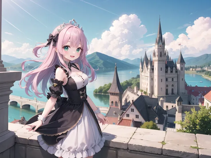 insanely detailed, absurdres, ultra-highres, ultra-detailed, best quality,
1girl, solo, nice hands, perfect hands
BREAK
princess, wearing princess costume, princess dress with many frills, (tiara:1.3) on hair, (nsfw:-1.5)
BREAK
happy smile, laugh, open mouth, standing
BREAK
from side, cowboy shot, (looking at viewer:1.2)
BREAK
slender, kawaii, perfect symmetrical face, ultra cute girl, ultra cute face, ultra detailed eyes, ultra detailed hair, ultra cute, ultra beautiful
BREAK
fantasy world, (castle in background, lake:1.3), (very wide, panorama view, sense of depth, magnificent view:1.3)
BREAK
princess girl, pink hair, green eyes, medium large breasts