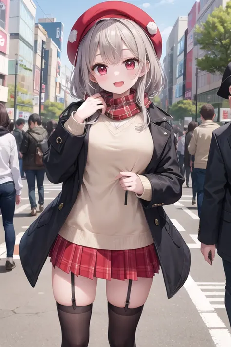 insanely detailed, absurdres, ultra-highres, ultra-detailed, best quality,
1girl, solo, nice hands, perfect hands,
BREAK
white boots,( pele hat:1.2), thermal layers, (red Plaid skirt:1.1), sweater,garter ring,
BREAK Scarf,black coat with golden embroidery,coat with open front button,(black knee-high socks:1.3)
BREAK
happy smile, laugh, open mouth, standing,
(45 angle:-1.5), (from side:-1.5),
cute pose, cowboy shot,
BREAK
slender, kawaii, perfect symmetrical face, ultra cute girl, ultra cute face, ultra detailed eyes, ultra detailed hair, ultra cute, ultra beautiful,
BREAK
in harajuku, shibuya, tokyo, street, crowd, cityscape,
BREAK
medium large breasts,
(grey hair, red eyes),