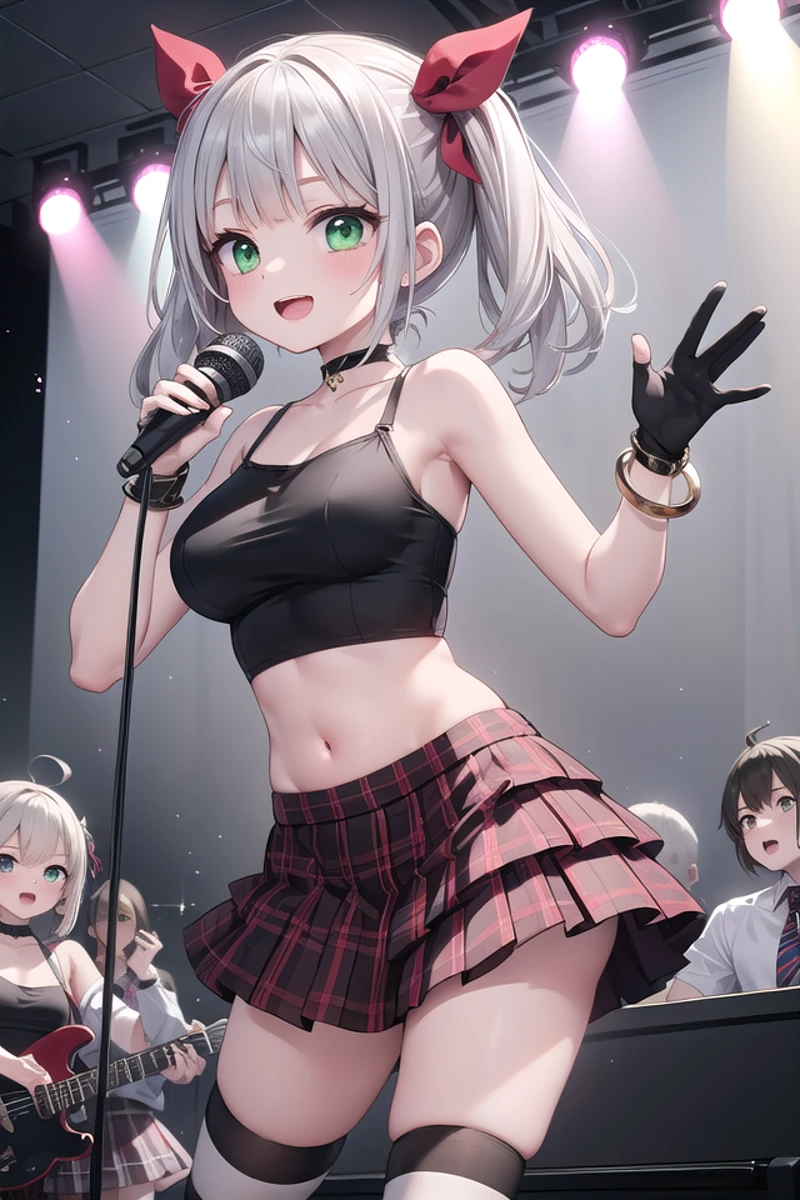 insanely detailed, absurdres, ultra-highres, ultra-detailed, best quality,
1girl, solo, nice hands, perfect hands
BREAK
(red and black theme:1.3), ((fusion of black crop-top and black camisole) with ruffles:1.4), ((sleeveless, bare shoulders):1.3), (navel, collarbone:1.3), ((black opera gloves, black long gloves):1.3), ((ruffle-skirt, multilayer-skirt):1.3), (red tartan-check pleated skirt:1.4), (black and white (striped-pattern over knee socks):1.3), (red lace-up boots:1.2), (choker, Bangles, silver accessories:1.2)
BREAK
happy smile, laugh, open mouth, (standing, singing, dancing, holding microphone:1.4),
seductive pose, cowboy shot
BREAK
slender, kawaii, perfect symmetrical face, ultra cute girl, ultra cute face, ultra detailed eyes, ultra detailed hair, ultra cute, ultra beautiful
BREAK
indoors, concert hall, idol live, crowded audience
BREAK
large breasts,
(grey hair, green eyes), hime cut