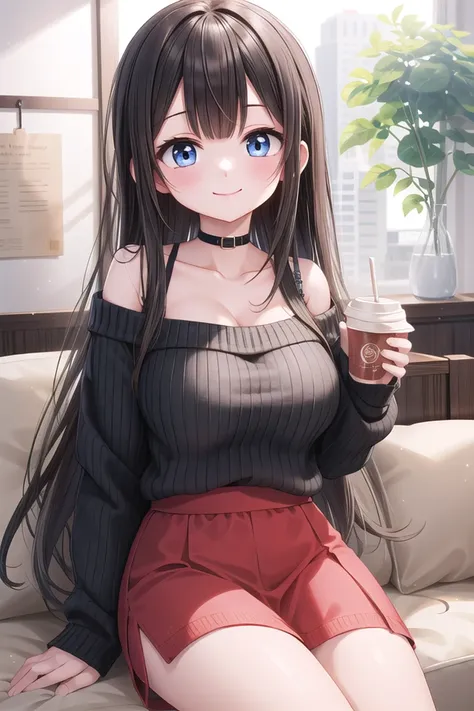 insanely detailed, absurdres, ultra-highres, ultra-detailed, best quality,
1girl, solo, nice hands, perfect hands,
BREAK
wearing sweater, off shoulder sweater, one piece sweater, sweater with long sleeves, bare shoulder, collarbone, red skirt
BREAK
happy smile, laugh, closed mouth,
sitting, holding coffee cup, (coffee cup on thigh:-1),
45 angle, cowboy shot, looking at viewer
BREAK
slender, kawaii, perfect symmetrical face, ultra cute girl, ultra cute face, ultra detailed eyes, ultra detailed hair, ultra cute, ultra beautiful,
BREAK
indoors, in coffee shop
BREAK
large breasts, black hair, long hair, black eyes