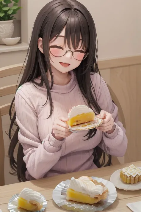 masterpiece, best quality,
1girl, solo, glasses, black hair, long hair, white ribbed sweater, happy, smile, looking at viewer, closed eyes, open mouth, solo focus, sitting, across table, holding teacup,
lemonpie, food focus, food, still life, realistic, plate, cake, pastry, dessert
<lora:Lemonpie_SD15_V1:1>