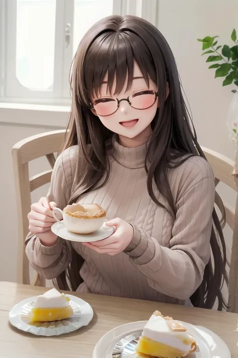 masterpiece, best quality,
1girl, solo, glasses, black hair, long hair, white ribbed sweater, happy, smile, looking at viewer, closed eyes, open mouth, solo focus, sitting, across table, holding teacup,
lemonpie, food focus, food, still life, realistic, plate, cake, pastry, dessert
<lora:Lemonpie_SD15_V1:1>